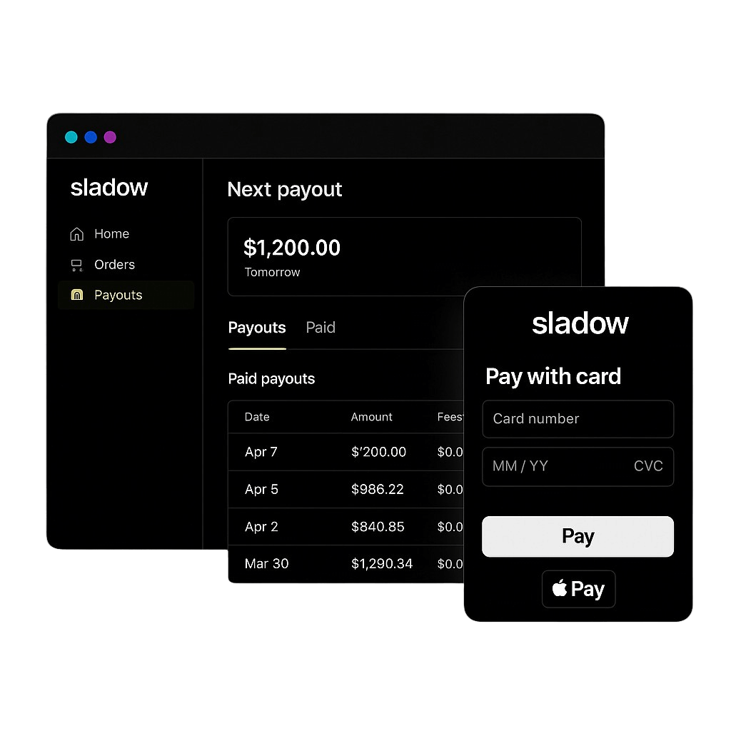 Sladow dashboard & checkout mock-ups – dark